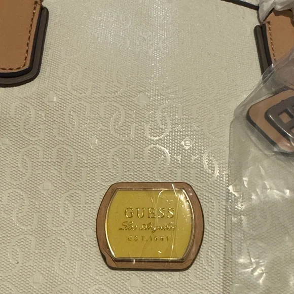 NWT GUESS White, Gray and Tan Tote Bag With Plastic Still On Hardware Plus Charm - Picture 3 of 14